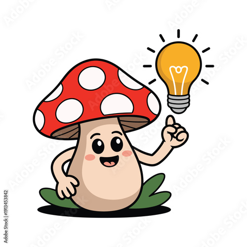 Cute cartoon mushroom with creative idea light bulb moment