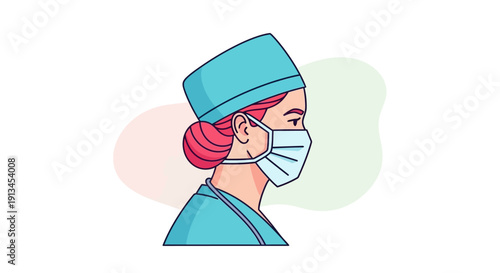 Detailed line art illustration of a woman working in healthcare, depicted in profile view wearing teal scrubs, a surgical scrub cap, and a protective facial mask.