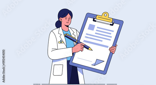 Factual vector illustration depicting a female physician or scientist in a white lab coat filling out a health record form on a large clipboard with a pen, healthcare service worker.