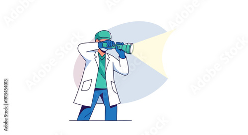 Professional doctor or surgeon in medical uniform, mask, and gloves using a bright flashlight to search, illuminate, or find solutions; minimalist line vector illustration.