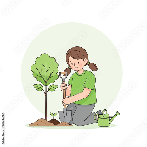 A young girl happily planting a tree in the soil with a shovel and watering can nearby, symbolizing growth and environmental care