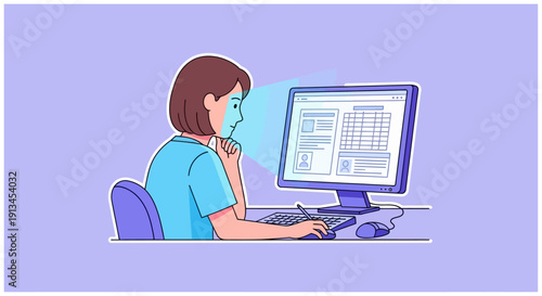Detailed illustration of a concentrated medical professional reviewing electronic health records and sensitive patient data displayed on a desktop computer screen, analytical thinking.