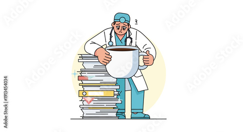 Burnout conceptual vector illustration of a heavily fatigued physician holding an oversized coffee cup, overwhelmed by a massive stack of administrative patient documents and files.