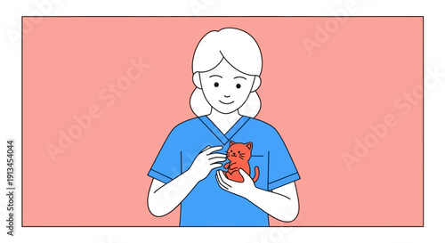 Factual illustration of a caring veterinary professional wearing blue scrubs, smiling while gently holding a tiny orange kitten against a salmon pink background.