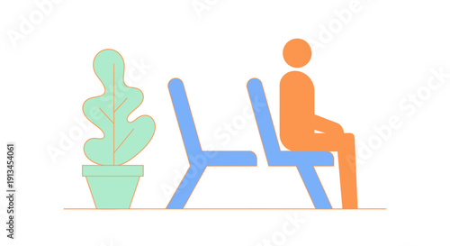 Minimalist flat design vector illustration of a patient or customer sitting in a blue chair in a waiting room or office lobby setting next to a potted houseplant.