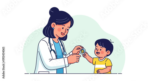 Smiling female pediatrician giving a happy young boy patient a round smiley face sticker or reward badge after a medical visit.
