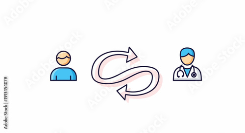 Illustrated vector concept of patient and doctor communication or follow-up care shown by a double-headed, curving exchange arrow on a white background, symbolizing healthcare relationship.
