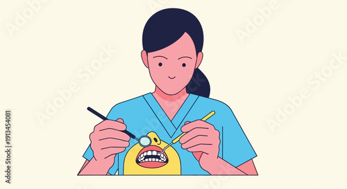 Minimalist vector graphic of a female dental professional in medical attire conducting an oral examination, checking teeth and gums with specialized dental instruments like a mirror and probe.