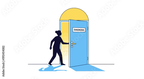 Vector illustration of a dark silhouette figure entering a bright room through an open blue door marked 'Diagnosis', symbolizing seeking medical clarity or health information.