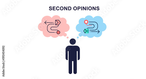Second Opinions concept vector graphic showing a person evaluating two contrasting decision routes or flowcharts in separate thought bubbles, illustrating choice and conflict resolution.