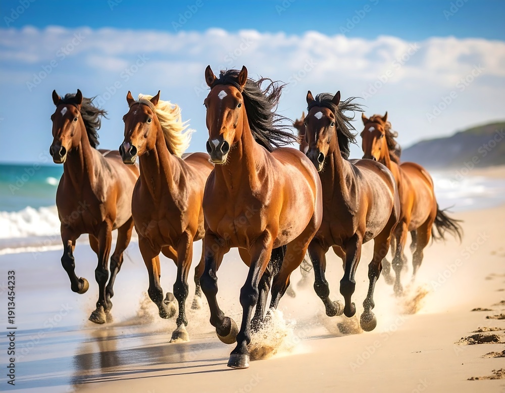 Obraz premium A herd of horses galloping on a beach