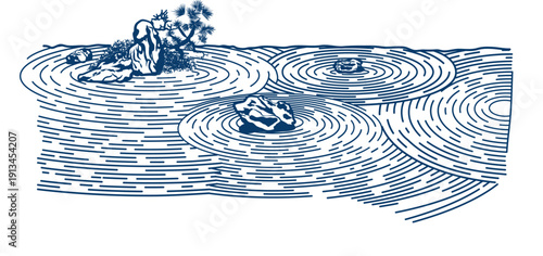 Line drawing of Aisan artificial rockwork ripples and pond illustration vector.eps