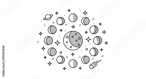 Moon phases with stars and planets.