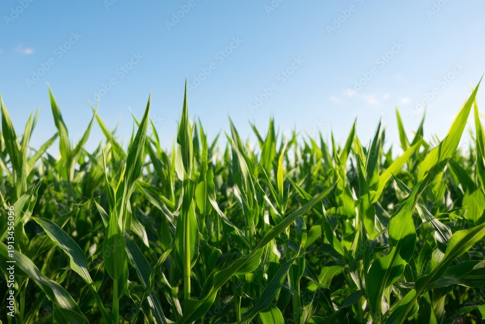 Fototapeta premium Lush Cornfield Reaching Toward the Horizon Under Clear Blue Sky