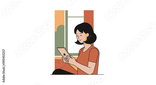 Young woman engrossed in her tablet device indoors.