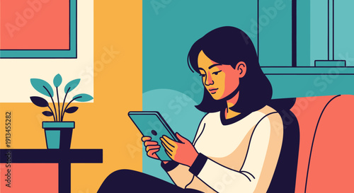 Young woman engrossed in her tablet device indoors.