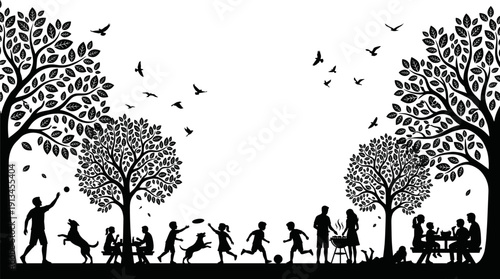 Family picnic silhouette vector illustration in nature park, people having bbq and playing under big trees, black and white summer outdoor leisure background with dog and birds.