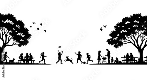 Family picnic silhouette vector illustration in the park, people having bbq and playing sports under big trees, black and white summer outdoor leisure time background with friends and dog.