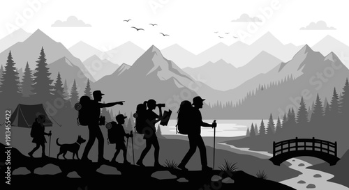 Hiking family silhouette vector illustration, group of people with backpacks walking in mountains near river and bridge, black and white nature camping adventure background with pine trees.