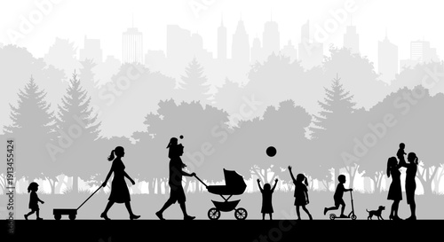 Black and white vector silhouette of a happy family walking in a city park with stroller and dog, active people lifestyle background illustration with urban skyline buildings and trees.