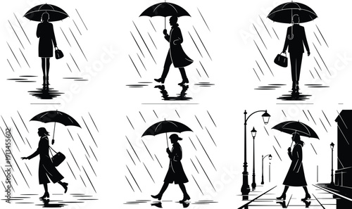 Flat vector illustration of people walking in rain with umbrellas, urban silhouettes, reflections, street lamps, rainy weather everyday life scene