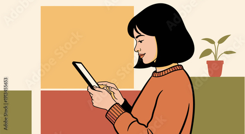 Young woman engrossed in her tablet, side profile.