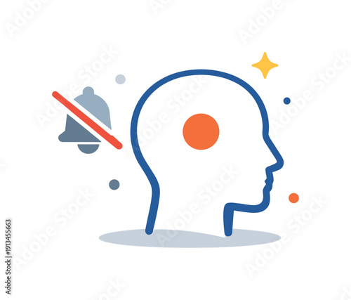 Intentional focus and cognitive clarity for knowledge workers overwhelmed by constant digital noise and notifications, a muted notification symbol paired with a balanced human head