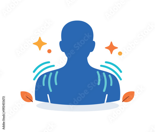 Everyday gentle care for tired shoulders after routine daily activities at home or work, a shoulder silhouette paired with soft downward relaxation lines symbolizing tension