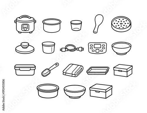 Home kitchen rice cooker accessories: rice cooker, inner pot, measuring cup, rice paddle, steam tray, lid handle, condensation cup, power cord, control panel, serving bowl, storage