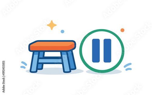Everyday emotional comfort through a short grounding pause during household routines, a small stool paired with a pause symbol representing stopping briefly and reconnecting,