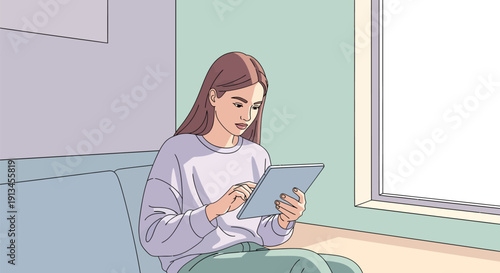 Young woman engrossed in her tablet, sitting comfortably indoors.