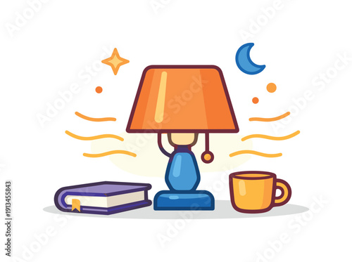 Calm daily routine of preparing a relaxing evening atmosphere at home, a table lamp paired with soft glow lines representing warmth and emotional comfort, expressing safety,