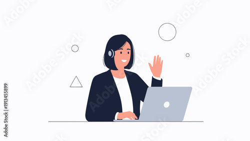 Friendly Support Agent with Headset and Laptop Waving Hello