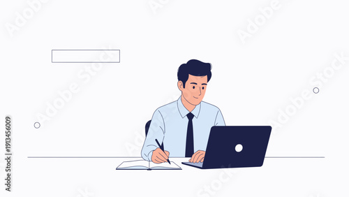 Businessman working at desk with laptop and notebook, modern office illustration