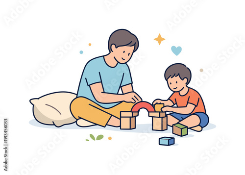Quiet family afternoon at home centered on shared presence and everyday closeness, a parent and child sitting on the floor building a simple wooden bridge from blocks with a nearby