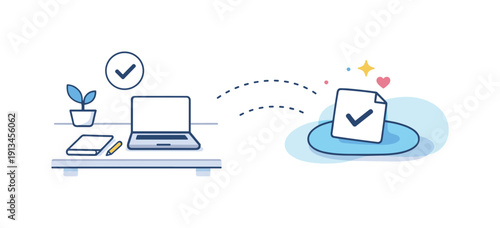 Cognitive gentle release and mentally disengaging from a completed task without abrupt switching, a finished element softly drifting into a neutral resting zone beside a cleared