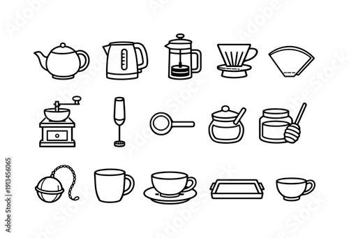 Home beverage making tools: teapot, kettle, French press, coffee dripper, filter paper, coffee grinder, milk frother, measuring spoon, sugar jar, honey jar, tea infuser, mug,