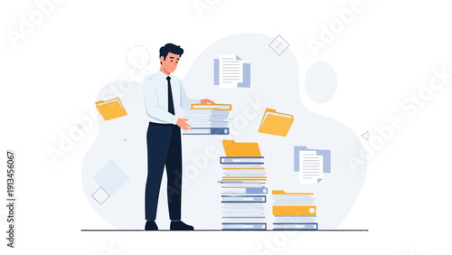 Businessman Organizing Paperwork Stacked Files and Folders