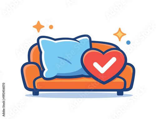 Everyday emotional comfort through creating a cozy and welcoming living space after daily activities, a soft sofa cushion paired with a heart icon symbolizing safety, warmth, and