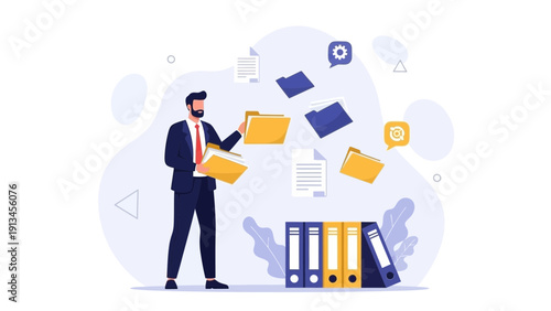 Business Man Organizing Files and Documents with Folders and Binders
