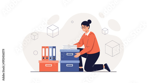 Woman Organizing Paperwork and Boxes in Office