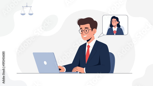 Lawyer consulting client via video call on laptop, justice scales symbol