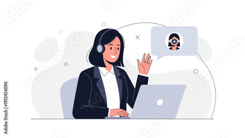 Customer Support Agent with Headset on Video Call, Waving Hello