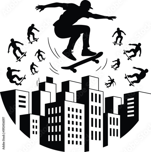 Flat vector illustration of skateboarder silhouettes performing tricks above cityscape buildings, urban skateboarding culture, dynamic motion, energetic street sports design