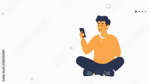 Young Man Listening Music with Earphones and Using Smartphone, Sitting Cross-legged