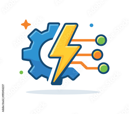 AI automation and workflow acceleration for digital businesses scaling operations with fewer resources and smarter tools, a gear merged with a circuit node and a single lightning