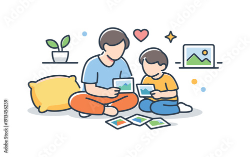 Peaceful family afternoon at home focused on shared calm and emotional closeness in a familiar living space, a parent and child sitting on the floor looking at photo prints with a