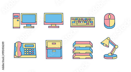 Workforce service administration office in flat offset style: desktop computer, monitor, keyboard, mouse, desk phone, filing cabinet, document tray, desk lamp.