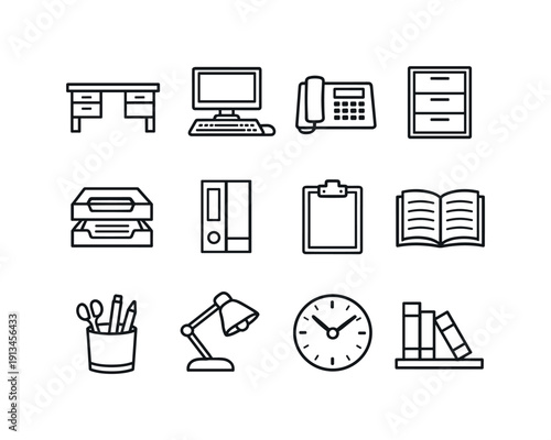 Business process outsourcing administration workspace in outline style: office desk, desktop computer, desk phone, filing cabinet, document tray, binder, clipboard, notebook, pen