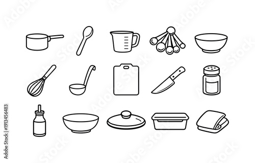 Home polenta cooking tools: saucepan, wooden spoon, measuring cup, measuring spoon, mixing bowl, whisk, ladle, cutting board, chef knife, spice jar, oil bottle, serving bowl, lid